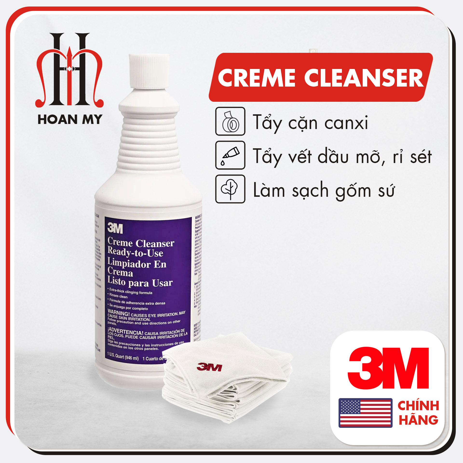 Chất tẩy cặn 3M Creme Cleanser, tẩy cặn canxi, tẩy rửa nhà tắm, tẩy vòi inox vách kính siêu sạch, an toàn tiện lợi, nhập khẩu chính hãng 3M - Mỹ
