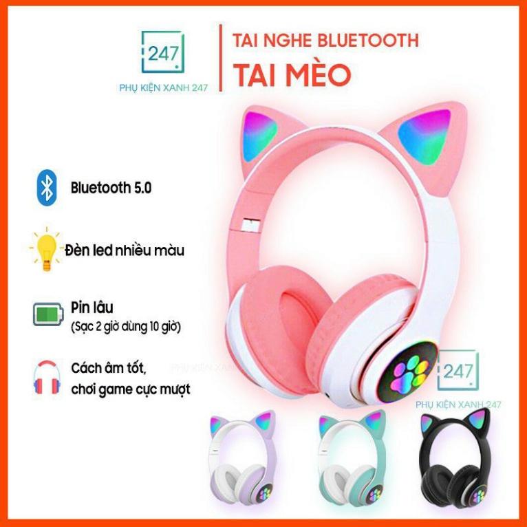 Tai Nghe Mèo Kết Nối Bluetooth Chụp Tai,Headphone Có Mic Đèn Led Dễ Thương Pin Khủng Chống Ồn