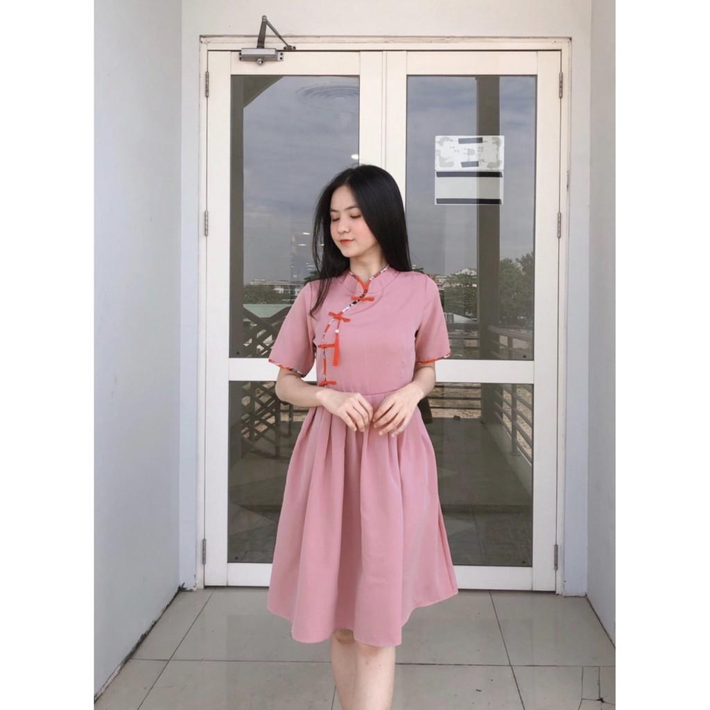 ĐẦM ĐŨI MỊN HANBOK NÚT TÀU CHÉO ĐỎ HỒNG NGÀY TẾT