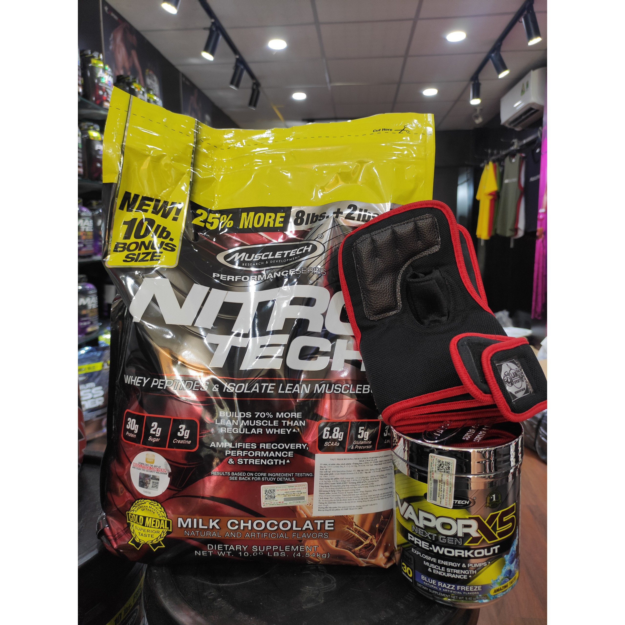 Combo Tăng cơ-Siêu mạnh mẽ Nitro tech bịch 10lbs + Vapor X5 hộp 30 lần dùng - Tăng cơ nhanh chóng, Tăng sức mạnh, tăng sự tỉnh táo, tăng sức bền - Kèm quà - Hàng chuẩn chính hãng