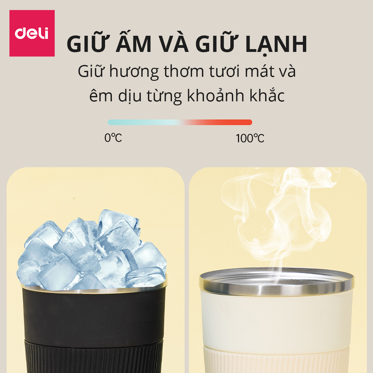 Cốc Giữ Nhiệt Nóng Lạnh Vusign Inox 304 Dung Tích 510ml Cao Cấp Viền Cao Su Cách Nhiệt Deli - Phù Hợp Cà Phê Trà Nước Ép Sinh Tố Đá Du Lịch Đi Học Tập Gym