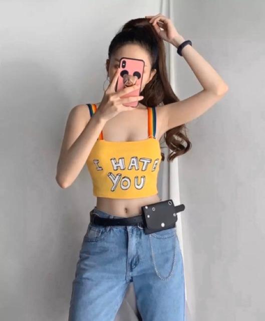 Áo 2 dây I hate You màu vàng dây cầu vồng