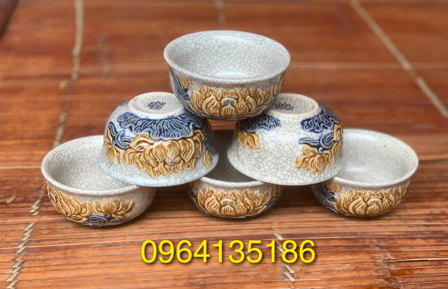 Set 6 Bát cơm thờ cúng men rạn đắp sen nổi gốm sứ Bát Tràng