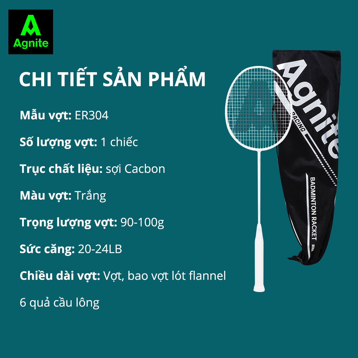 Vợt cầu lông đơn cao cấp Agnite, sợi CARBON, khớp nối liền siêu bền nhẹ tặng kèm 3 phụ kiện - ER304