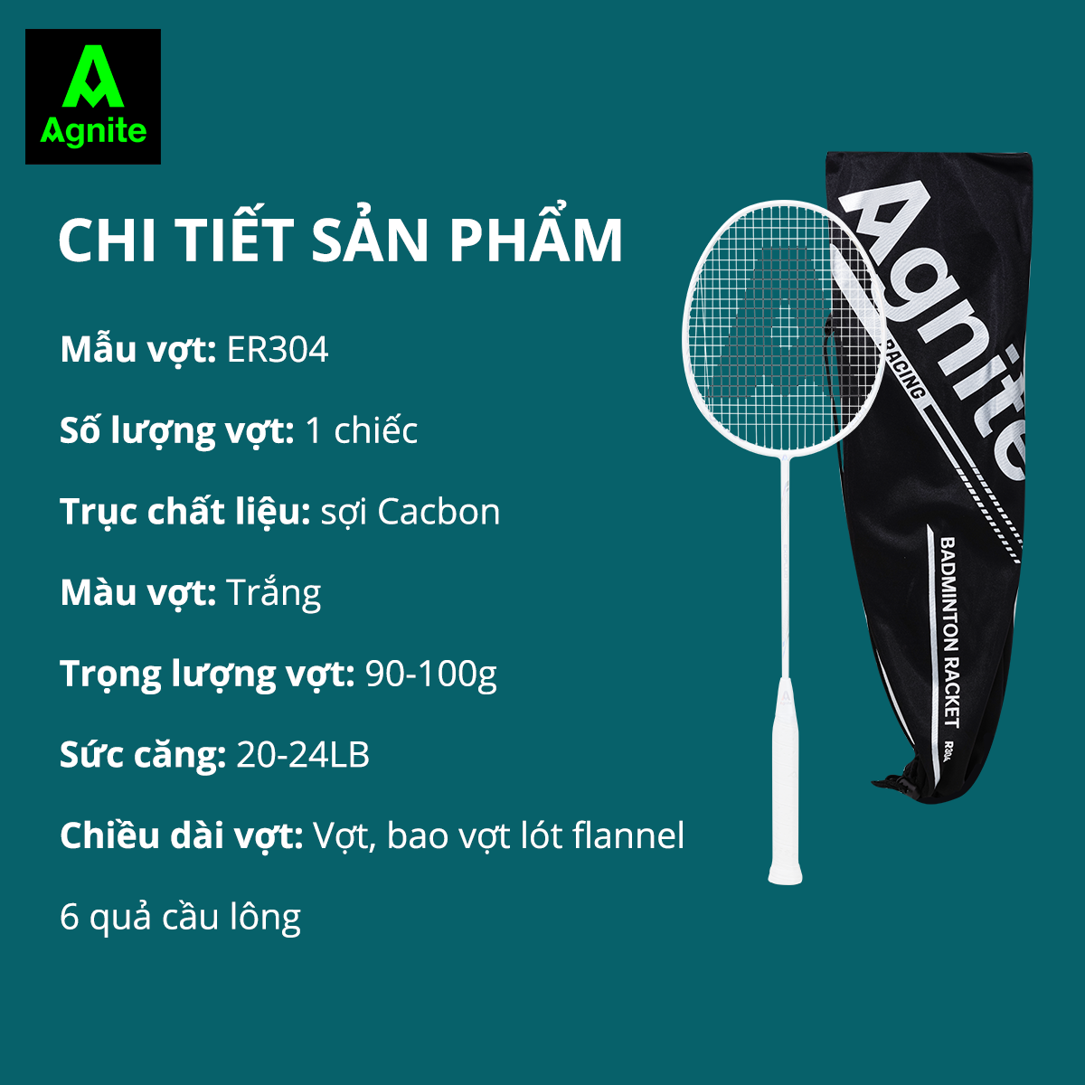 [TẶNG 12 CẦU] Vợt cầu lông đơn cao cấp Agnite, sợi CARBON, khớp nối liền siêu bền nhẹ tặng kèm 12 cầu + quấn cán + túi đựng vợt - ER304