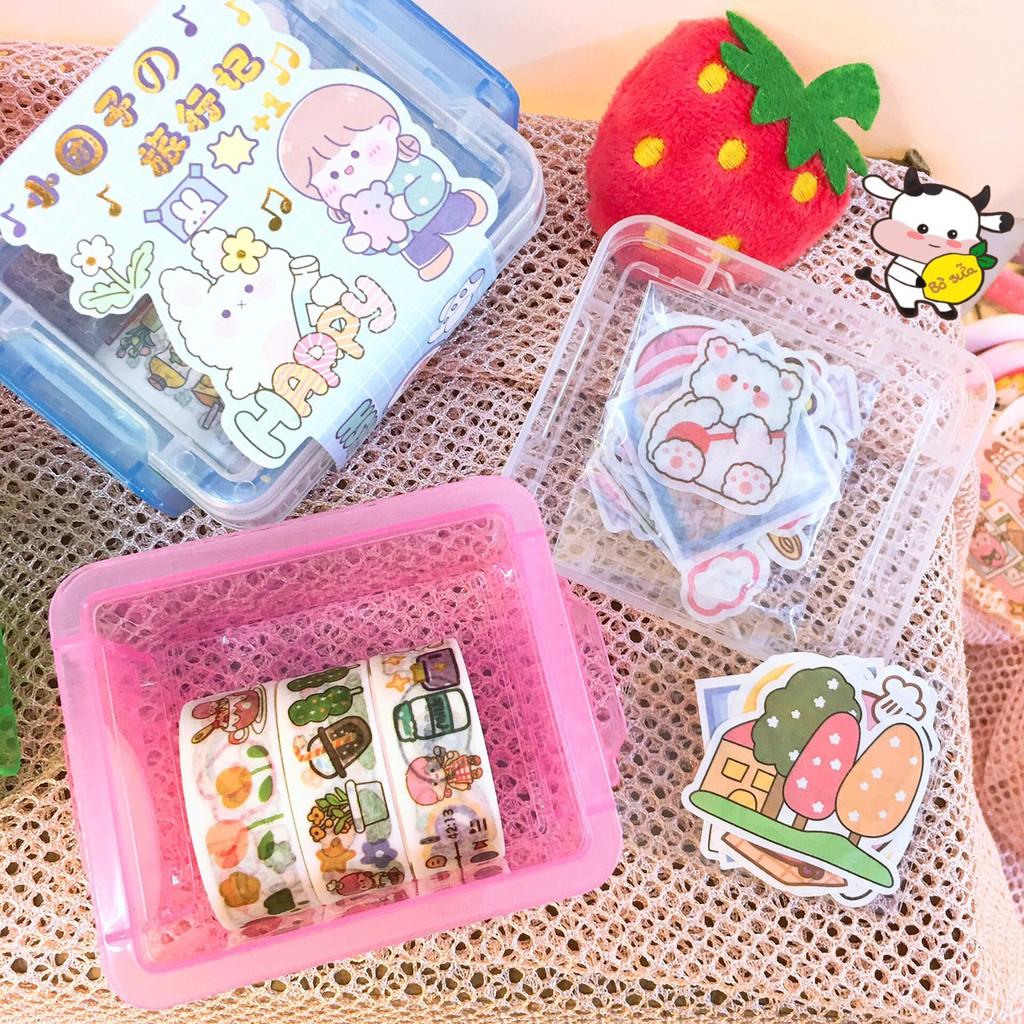 Set Hộp Nhựa Đựng Washi Tape Và Sticker Cute Đáng Yêu Gồm Nhiều Miếng Stickers Hình Cô Bé Gồm 30 Stickers 3 Cuộn Washi