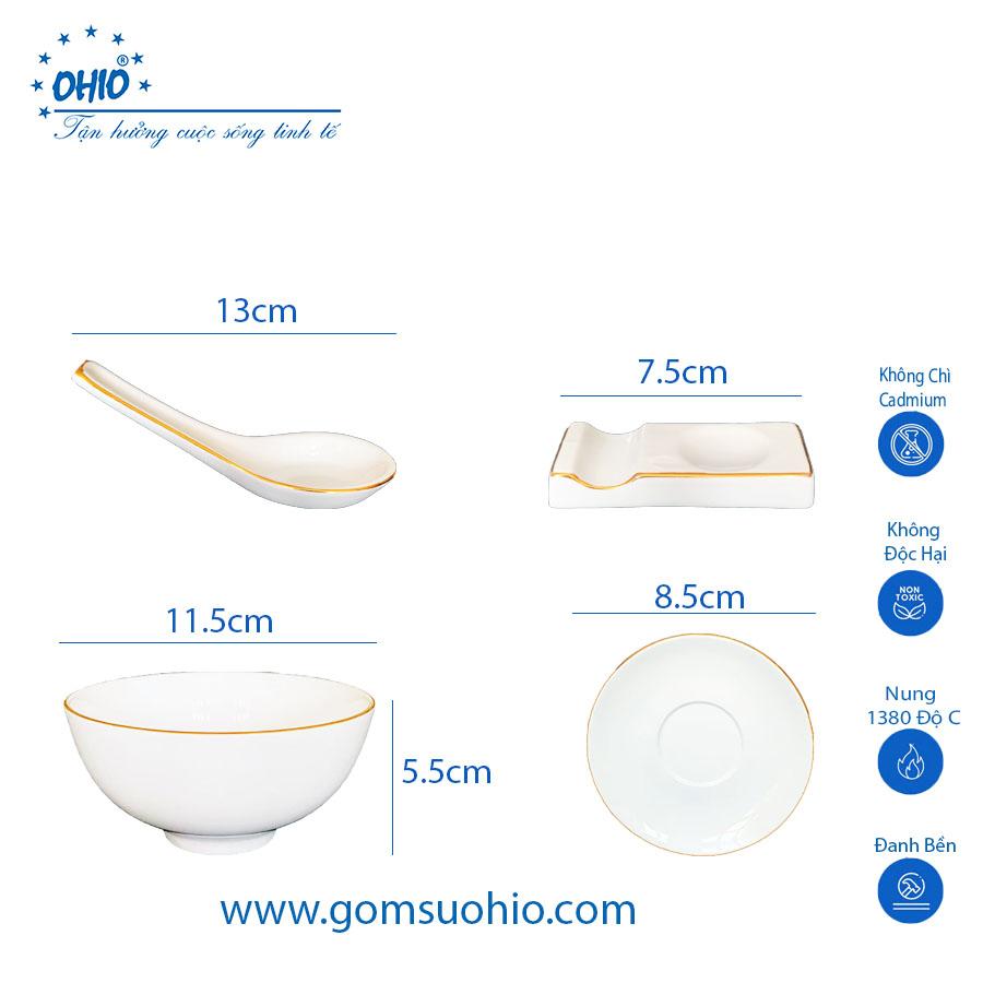 Combo Bộ Đồ Ăn Chén Cơm, Muỗng, Đĩa kê, Gác Muỗng Đũa Sứ Trắng Viền Kim OHIO