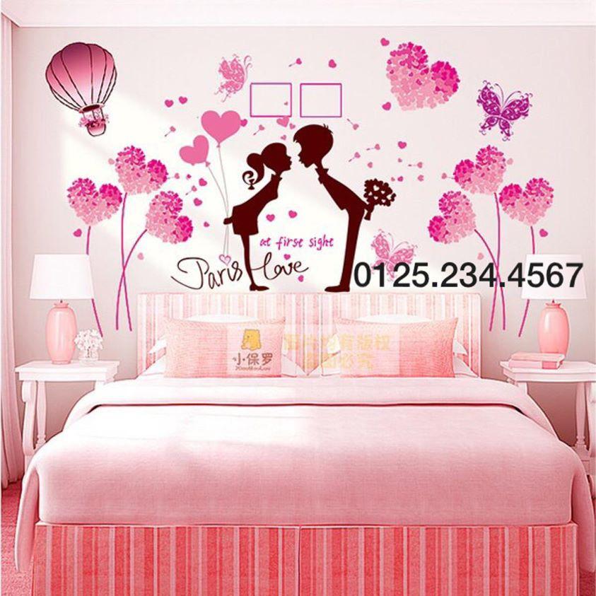 Decal dán tường combo 2 hoa trái tim hồng + paris love Siêu xinh