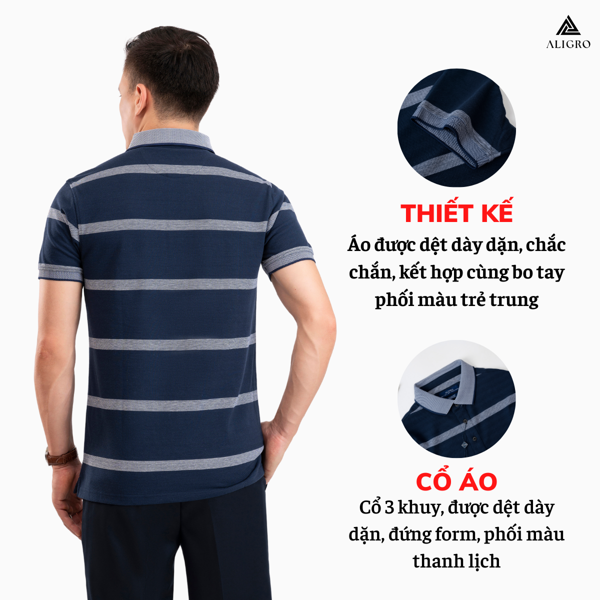 Áo Polo nam ngắn tay kẻ ngang navy-trắng ALGPLO94