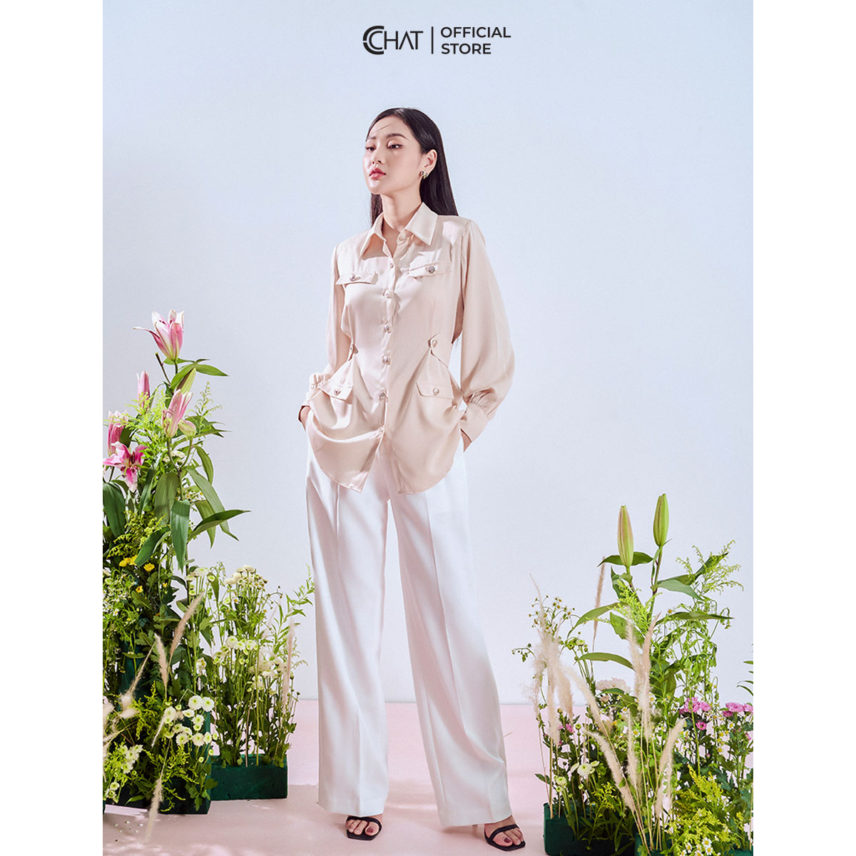 Áo Sơ Mi Nữ Cchat Giả Váy 4 Nắp Túi Chất Lụa Cao Cấp Phong Cách Trẻ Trung 12FDL2052ST