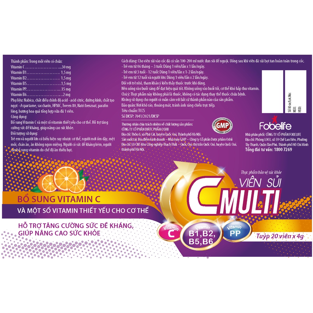 Viên Sủi Bổ Sung Vitamin C Multi, Tăng Đề Kháng C Fobe Tuýp 20 Viên
