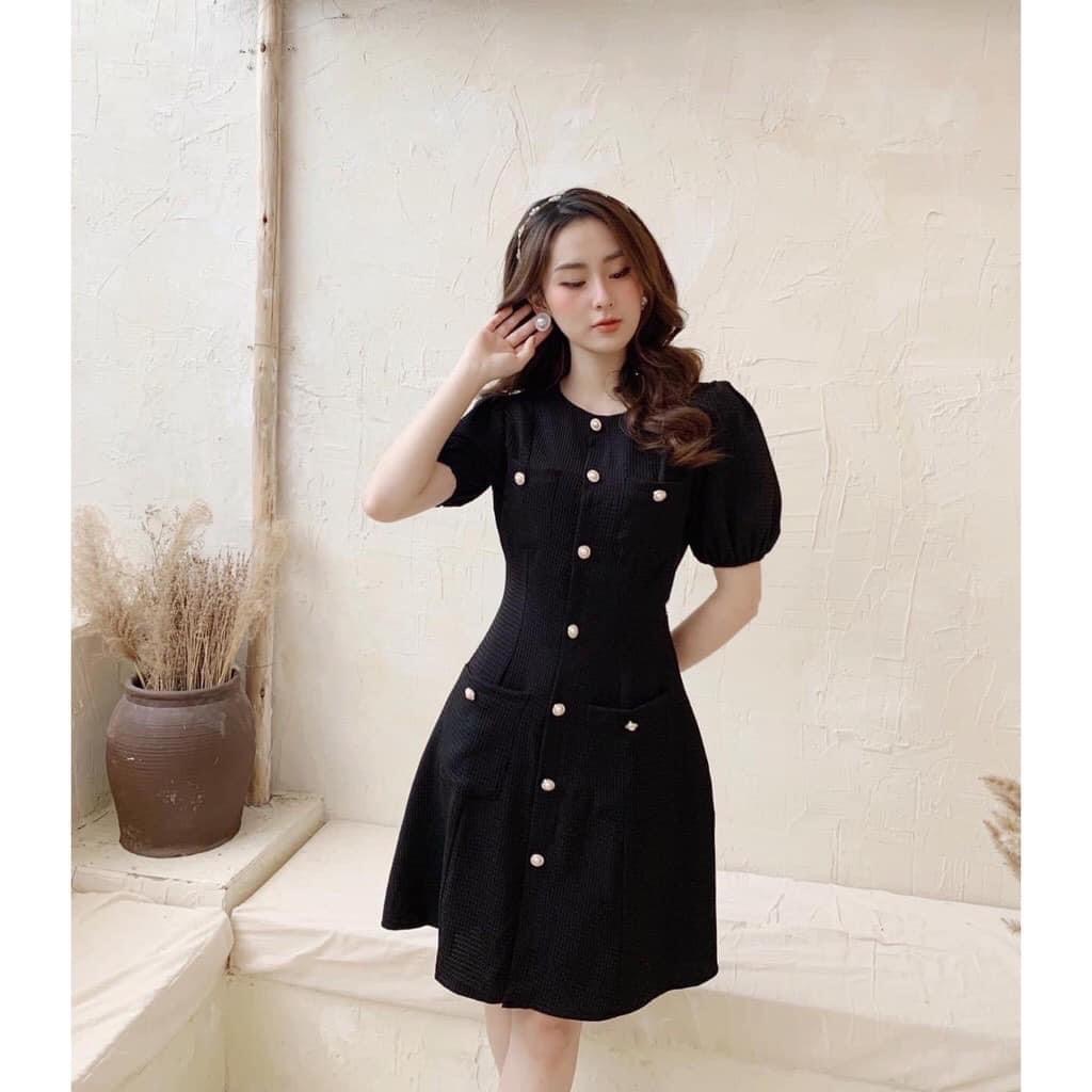 Đầm đen tay phồng phối nút ngọc tiểu thư - váy đầm nữ dự tiệc