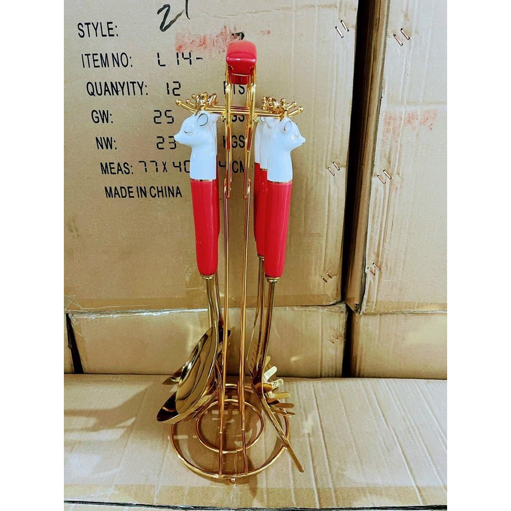 Bộ dụng cụ nấu ăn nhà bếp treo muôi muỗng sạn bằng vàng 6 món - Set giá sạn hươu vàng treo mạ vàng