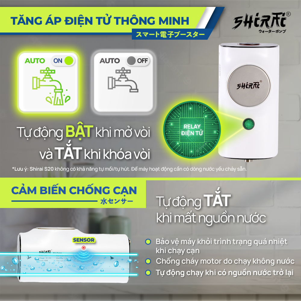 Máy bơm tăng áp mini SHIRAI S20 - Máy bơm mini tự ngắt thông minh - Dùng cho máy giặt, bình nóng lạnh, vòi sen, chậu rửa