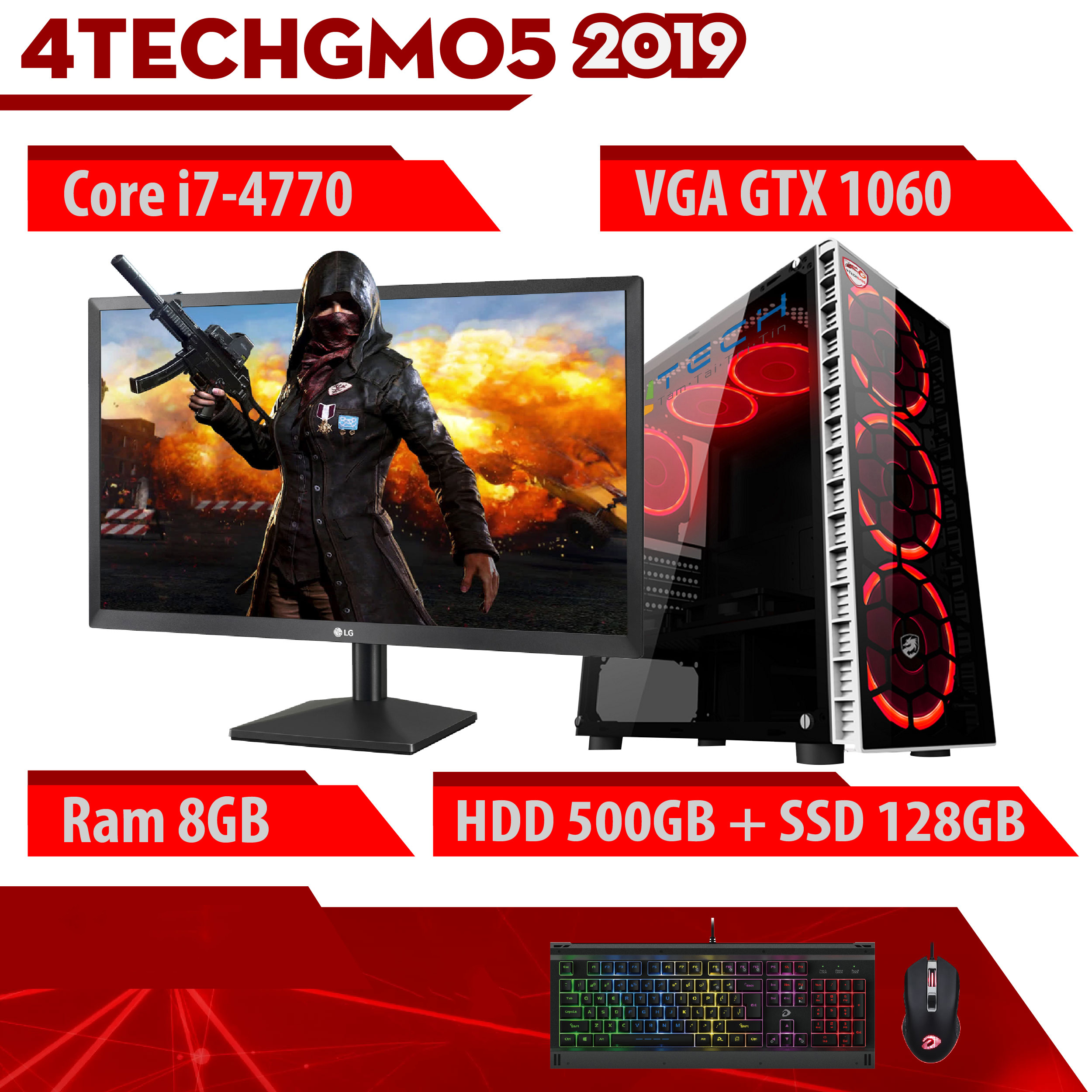 Máy tính Gaming cho Game thủ chơi Games chuyên nghiệp 4TechGM05 2019 trọn bộ Full Box kèm màn 24inch Full HD chiến mọi trò chơi hay đòi cấu hình cao Pubg pc, mobile, GTA5, fifa, pes maxsetting tất cả các Game phổ thông LOL, Dota, cf. - Hàng Chính Hãng.