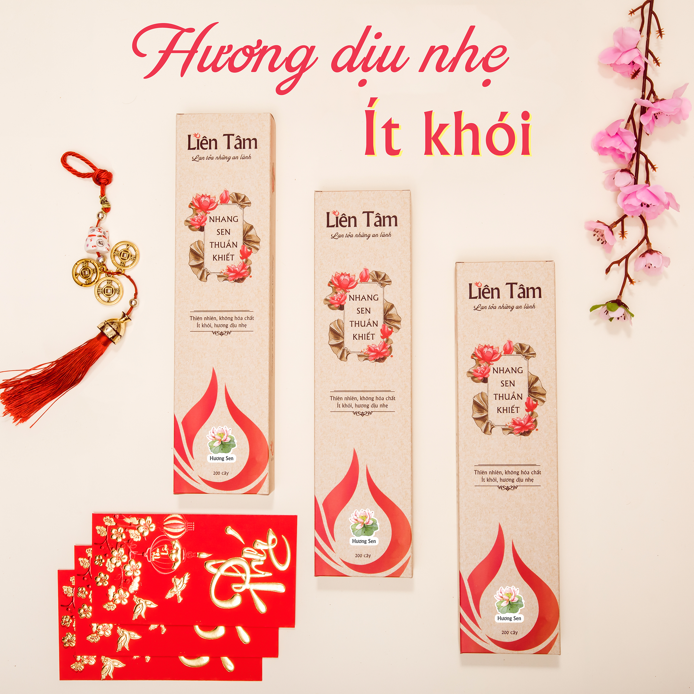 Combo 3 hộp Nhang Sen Thuần Khiết Liên Tâm 29cm 200 cây - Ít khói, dịu nhẹ