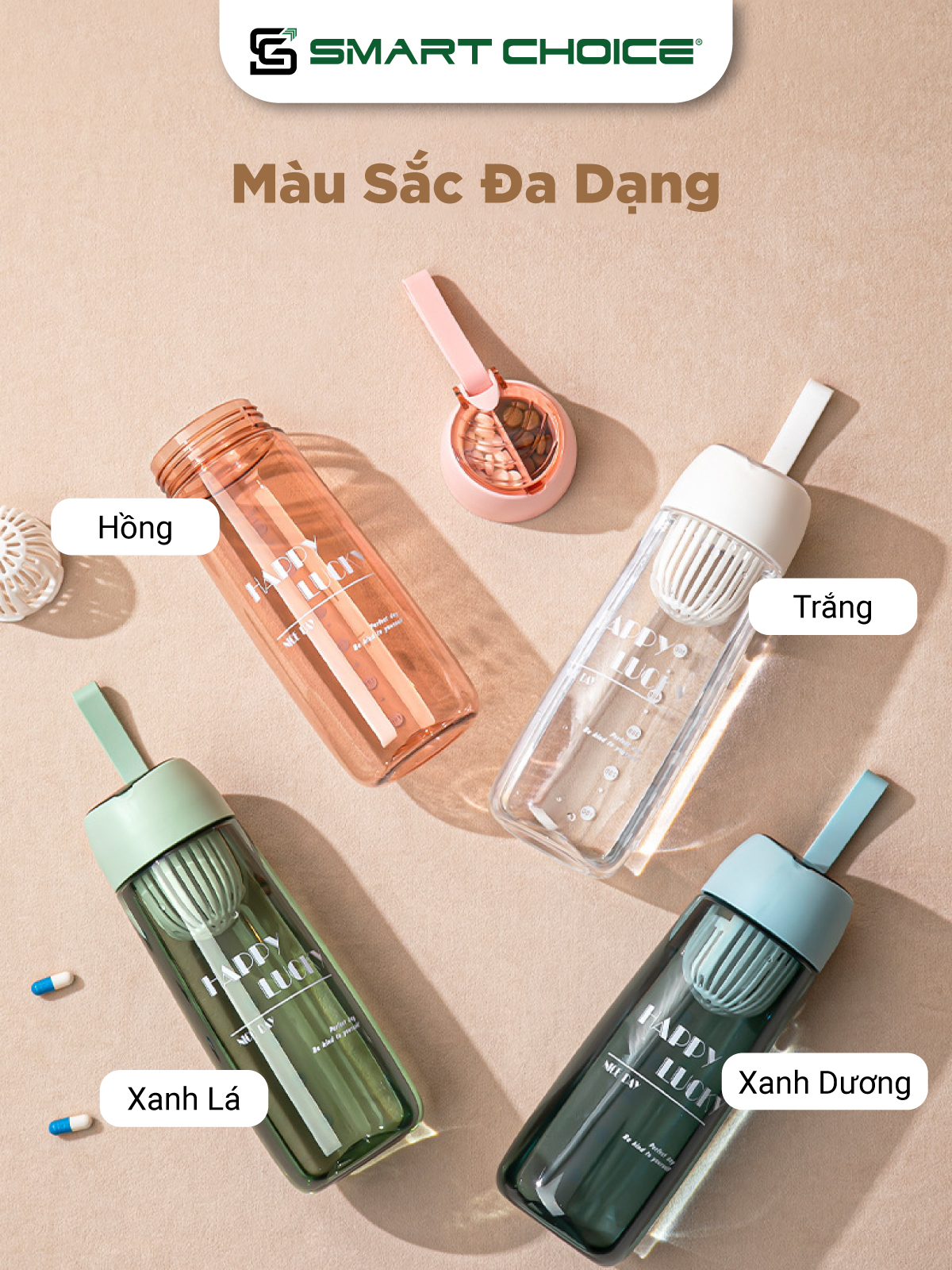 Bình Đựng Nước Nhựa SMARTCHOICE 2 Dung Tích 600ML, 700ML Happy Cao Cấp SCG-PK079