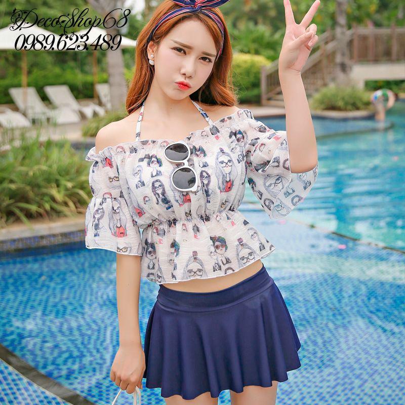 Đồ bơi nữ 42-60 kg áo trễ vai váy xòe co giãn tốt nhiều màu Blueshop68
