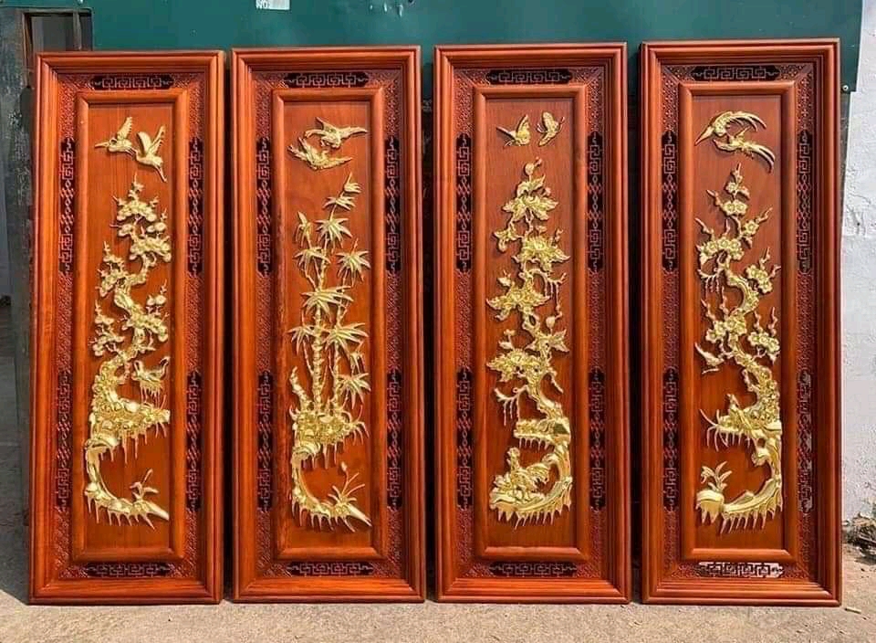 Tranh tứ quý bốn mùa xuân hạ thu đông bằng gổ hương đỏ kt 37×107×3cm