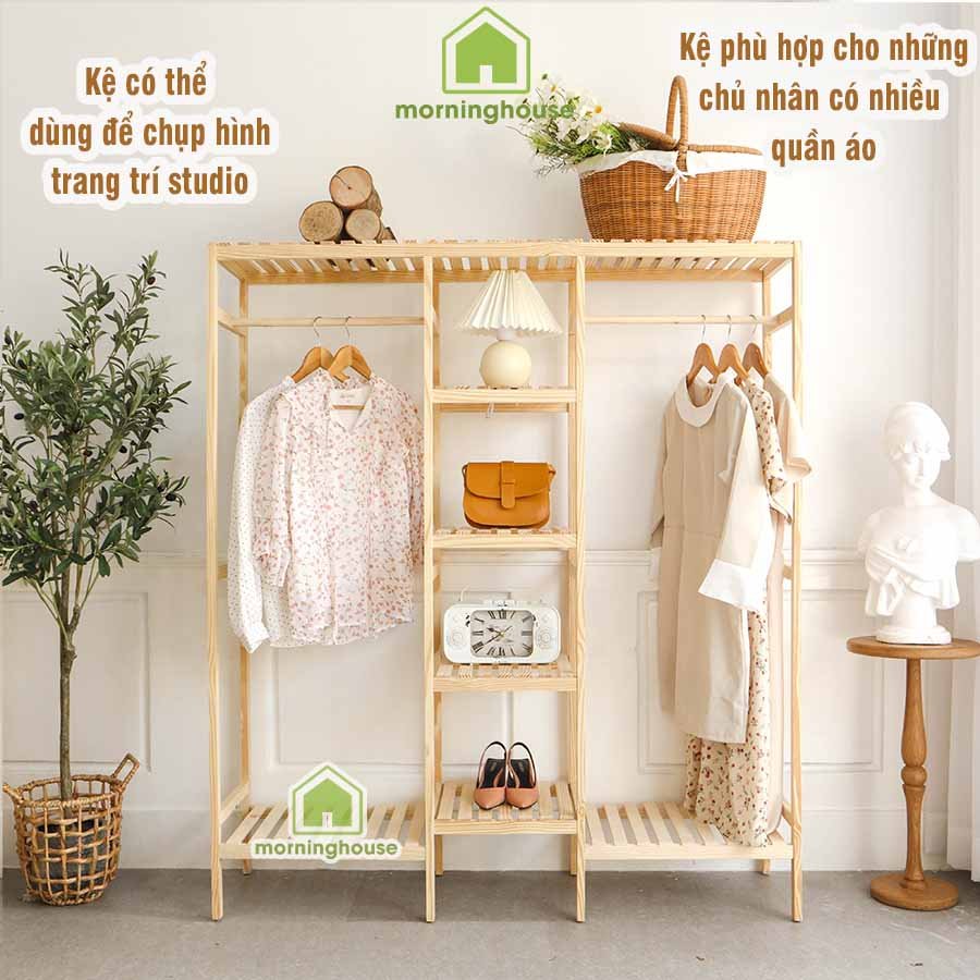 KỆ TREO QUẦN ÁO GỖ THÔNG LẮP RÁP TIỆN LỢI -TRIPLE HANGER- Dài 135 x Cao 150 x Rộng 35 cm