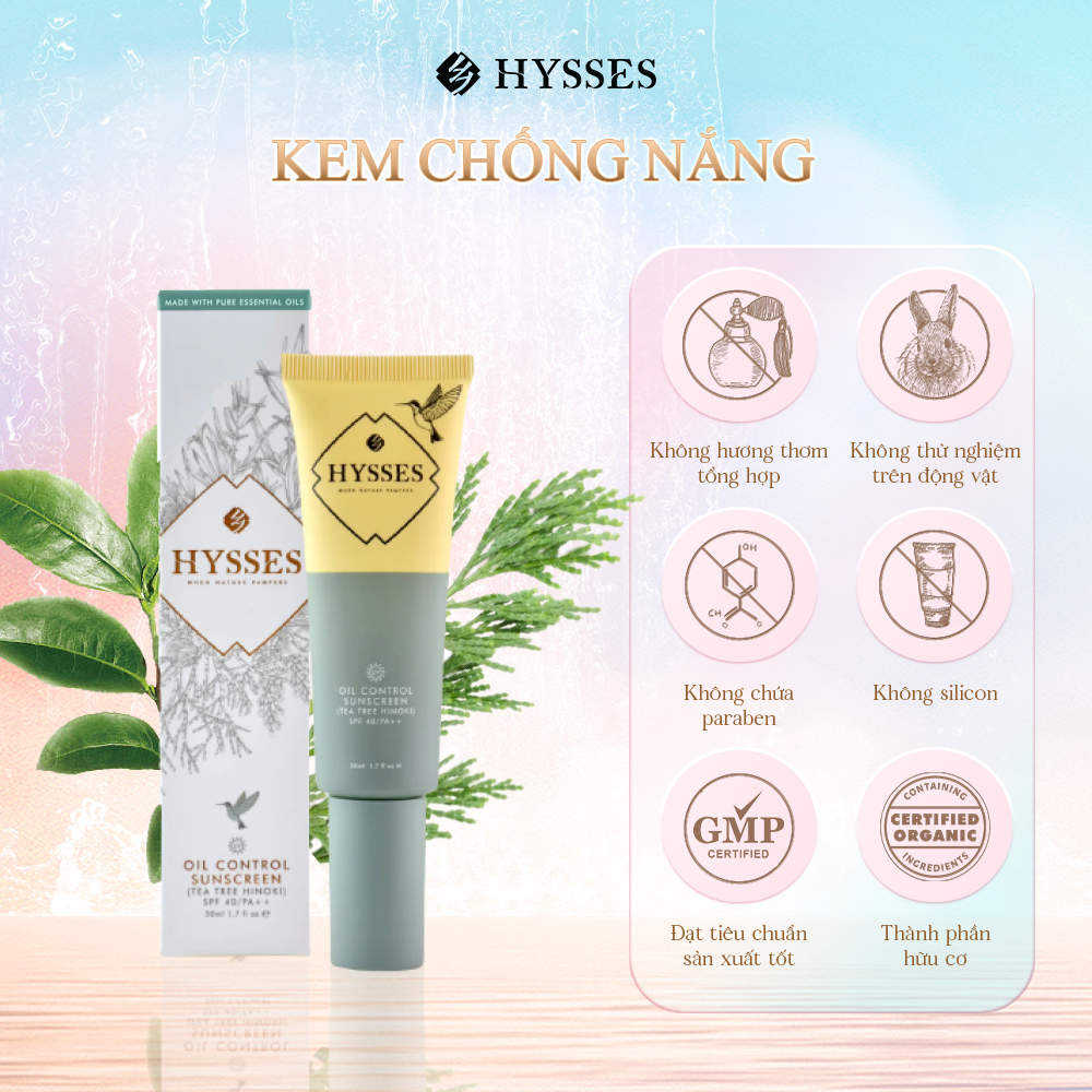 Kem Chống Nắng Cao Cấp Hysses Oil Control Kiểm Soát Bóng Nhờn, Điều Tiết Dầu, Bảo Vệ Da Trước Tia UVA/UVB Với Tinh Dầu Tràm Trà - Gỗ Hinoki Hữu Cơ Tự Nhiên