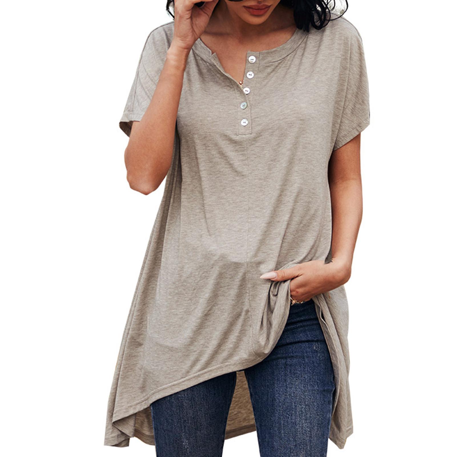 Women Shirt Button Up O Neck Short Sleeve Longer Back Pullover Blouse Casual Loose Tunic Tops