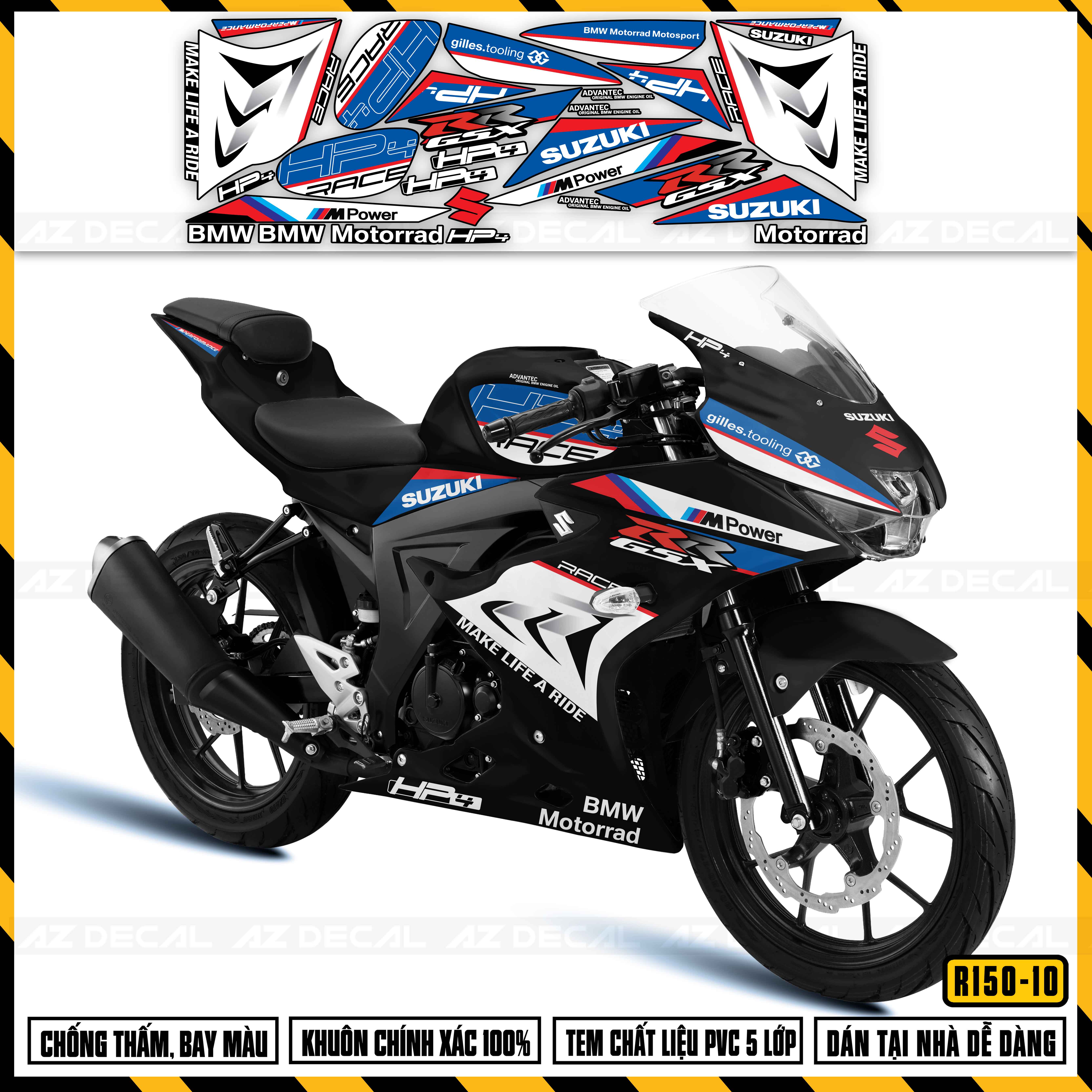 Tem Chế Xe Suzuki GSX R150 Mẫu HP4 | GSX R150-10 | Decal Rời Cắt Khuôn Sẵn Dễ Dán, Áp Dụng Xe Sơn Đỏ, Xanh, Đen, Trắng