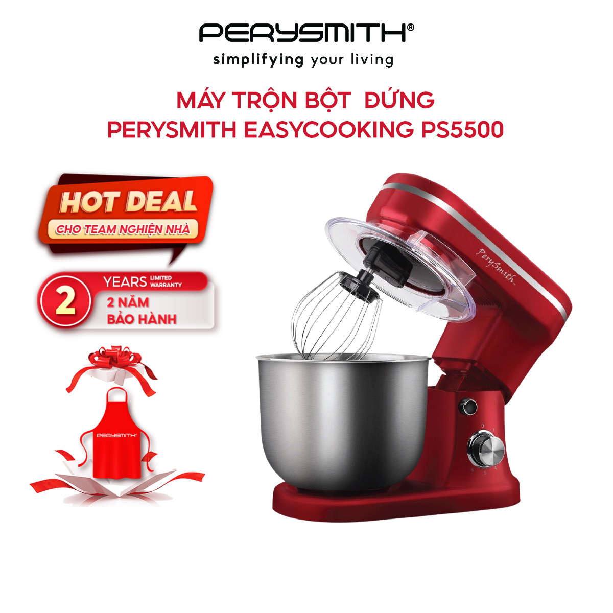 Máy nhồi trộn bột 5,5 lít 6 chế độ Perysmith PS5500 - Hàng chính hãng