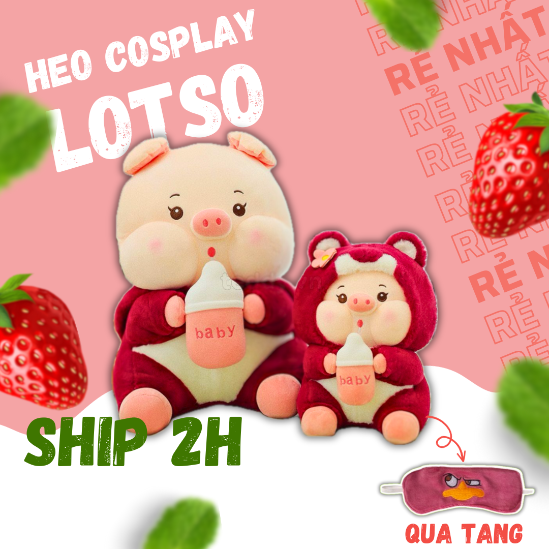 Thú nhồi bông heo ôm bình sữa cosplay lotso- Size từ 35cm đến 55cm - Quà tặng heo ôm bình sữa cosplay lotso nhồi bông dễ thương - Gối ôm mềm mịn cho bé