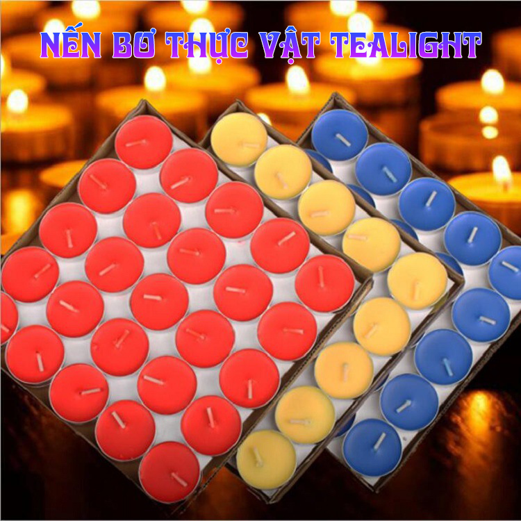 Nến bơ, sáp bơ thực vật an toàn cho sức khỏe không mùi, không khói TeaLight - 1 hộp 100 viên nhiều màu