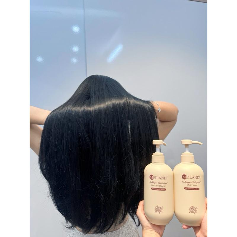 Cặp dầu gội xả Meilandi Collagen Biological tóc hư tổn xơ rối, giảm gãy rụng hương trà xanh