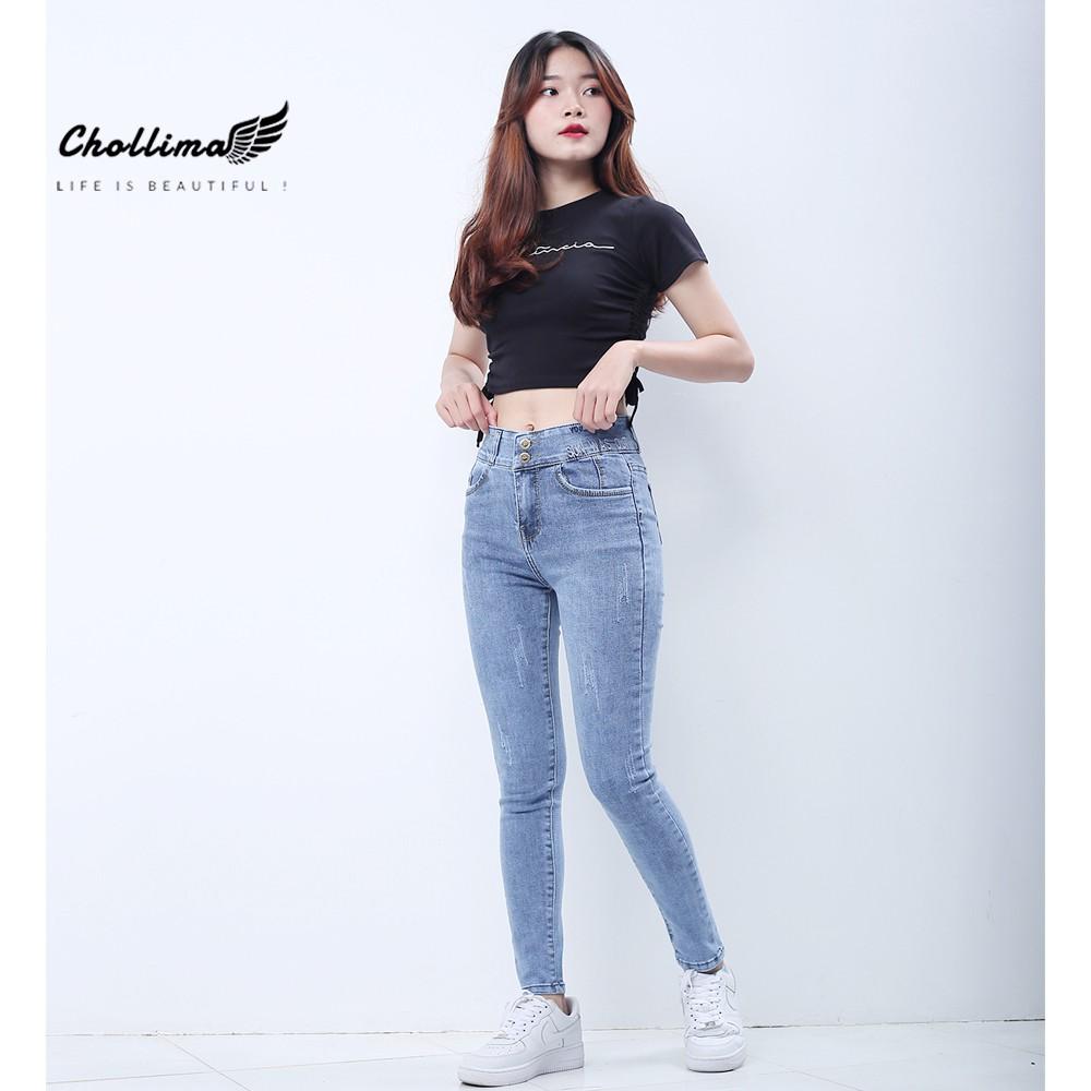 Quần jeans dài nữ co giãn Chollima cạp thường lưng bản to mài xước màu xanh nhạt QD030