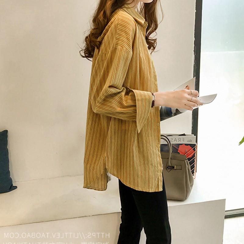 Áo sơ mi tay dài cổ bẻ dáng rộng họa tiết kẻ sọc size lớn trẻ trung thời trang