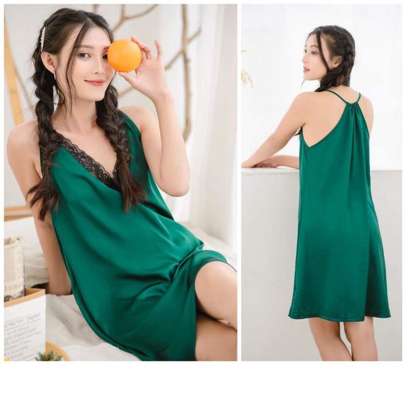 Váy ngủ lụa 2 dây phối ren sang trọng mềm mịn mát tặng kèm chip ren