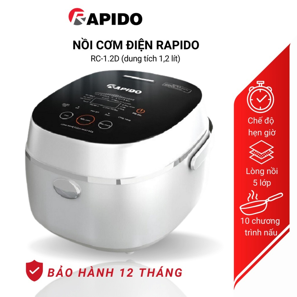 Nồi cơm điện tử Rapido RC-1.2D 500W 1.2L công nghệ nhật bản, 10 chức năng nấu, bảo hành 1 Năm - Hàng chính hãng