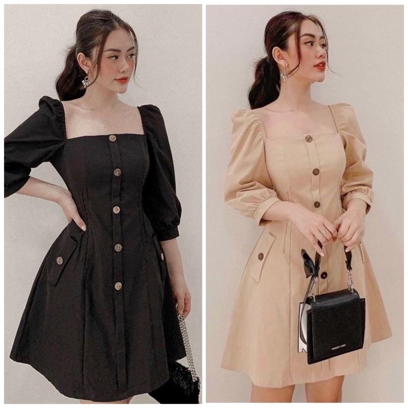 Đầm váy cổ vuông nút dừa tay lỡ 2 màu