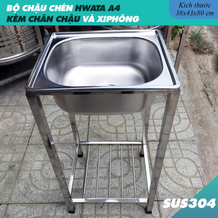 Bộ Chậu Rửa Chén Bát Có Chân HWATA A4 - Chậu Inox 304 kích thước 38x43cm kèm chân và bộ xả chống hôi (xi phông)