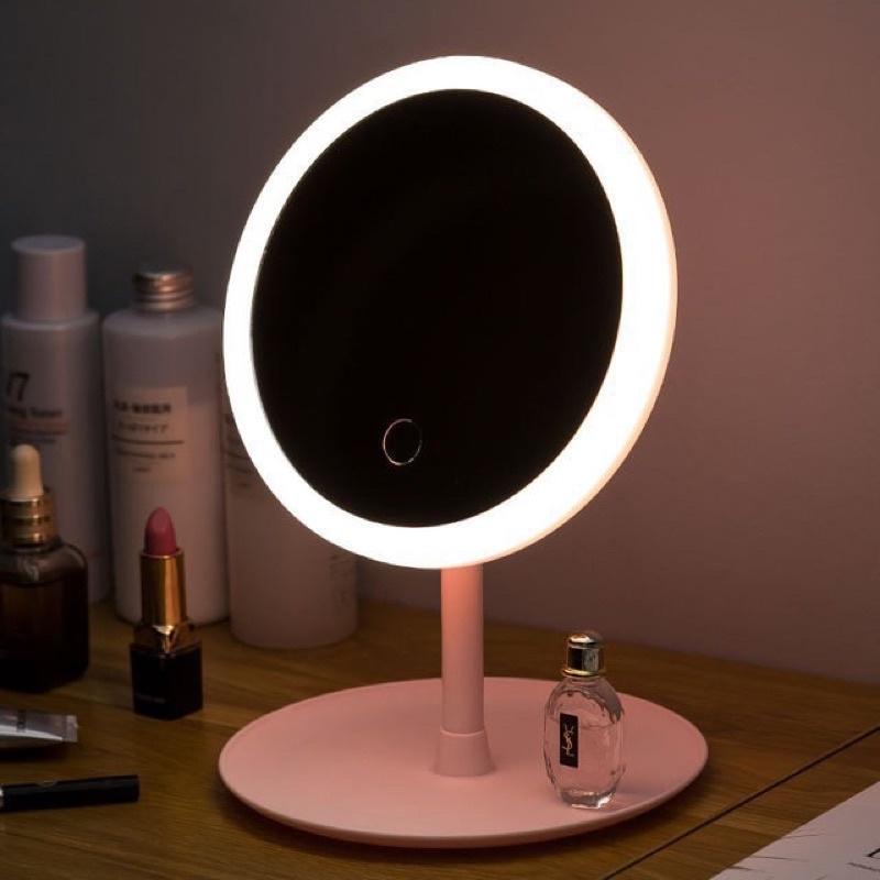 Gương trang điểm để bàn có đèn LED cảm ứng 3 chế độ sáng hình tròn có khay đựng mỹ phẩm sạc USB dễ mang đi du lịch
