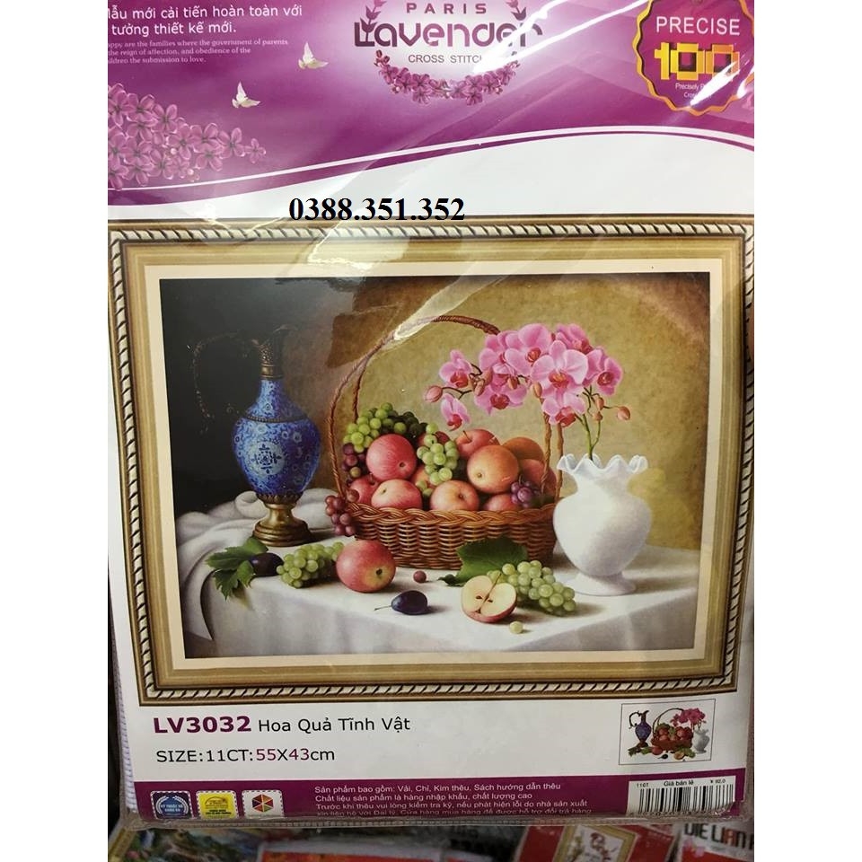 Tranh thêu chữ thập 3D bình hoa và tĩnh vật 55x43cm