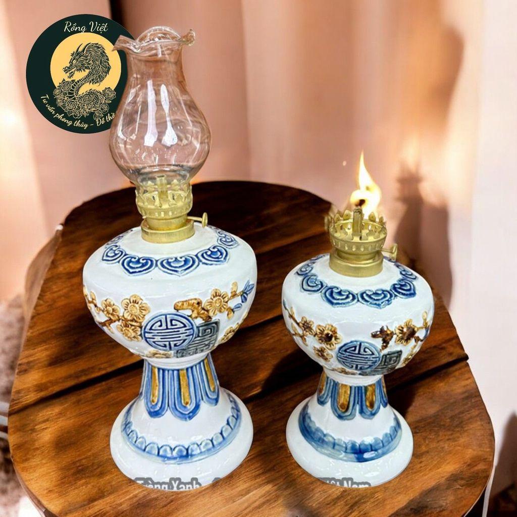 Đèn Dầu Gốm Bát Tràng Men Xanh Rồng Việt - Cao 26cm & 28cm, Đắp Nổi Đào Thọ Cao Cấp(cả bóng đèn)