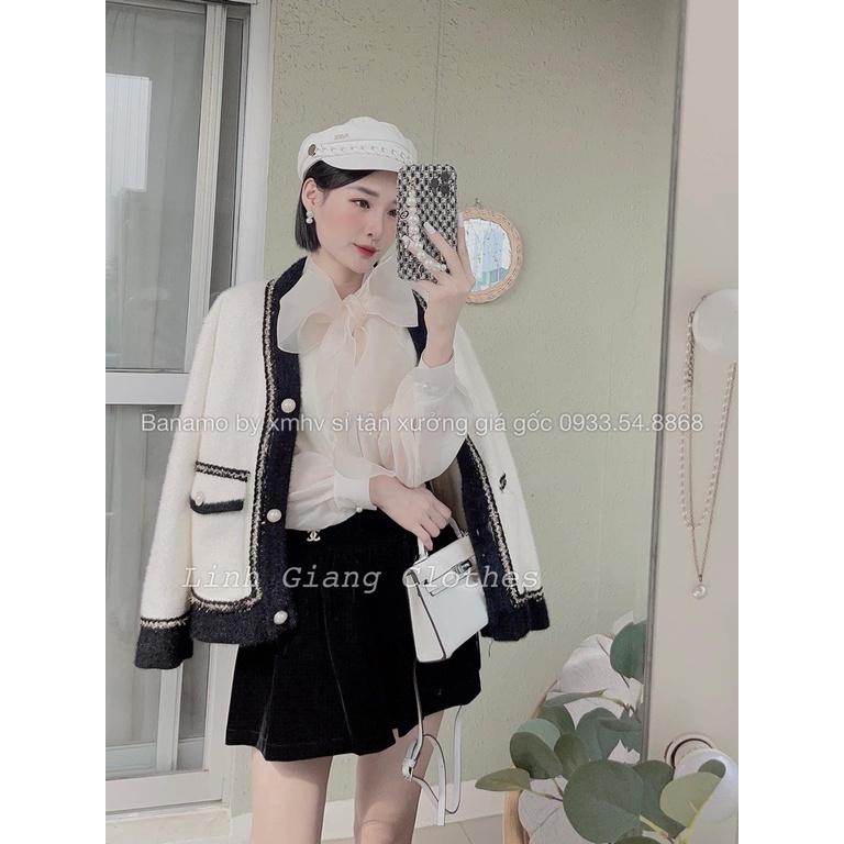 Áo sơ mi cổ nơ voan tơ cao cấp tay bồng phối khuy ngọc thời trang Banamo Fashion 3914