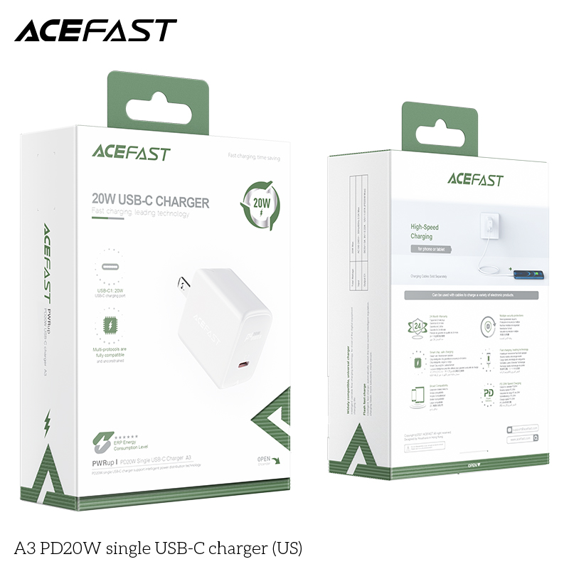 Sạc Acefast PD3.0 20W 1 cổng USB-C (US) - A3 Hàng chính hãng Acefast