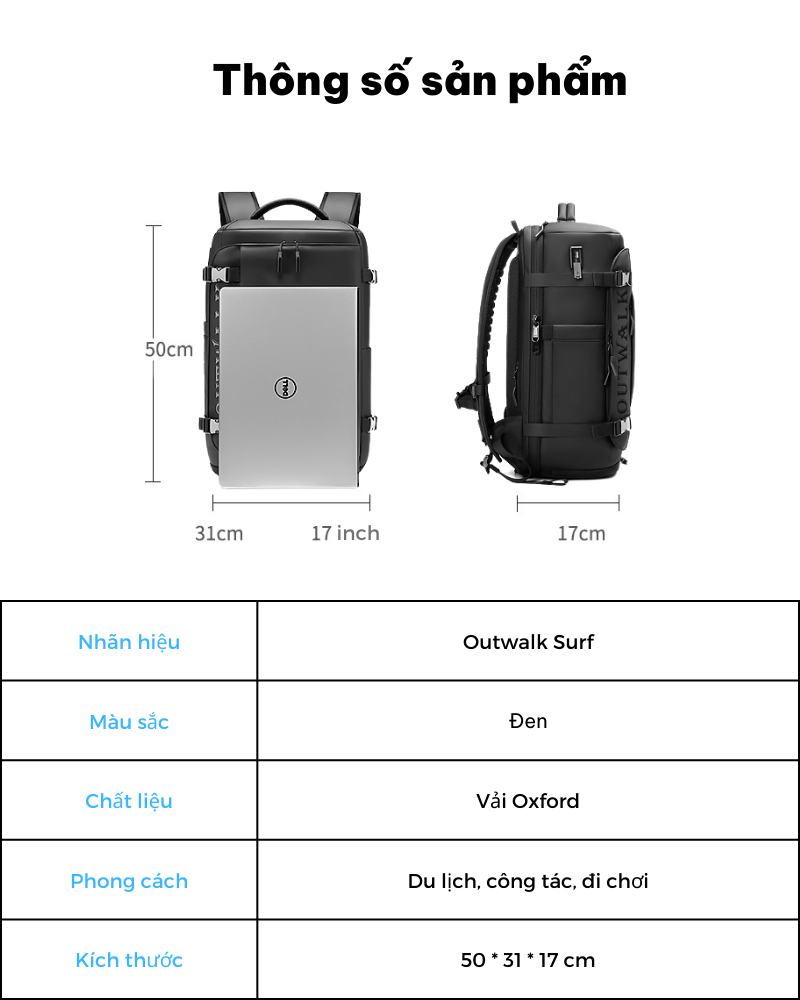 Balo du lịch Outwalk Surf balo phượt, balo đa năng, trang bị cổng sạc USB, chống nước chống sốc  GLB1116