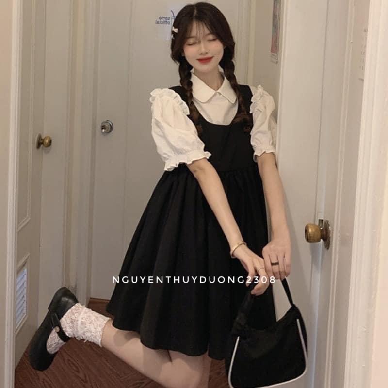Set yếm+áo sơmi cổ sen tay bèo Ulzzang