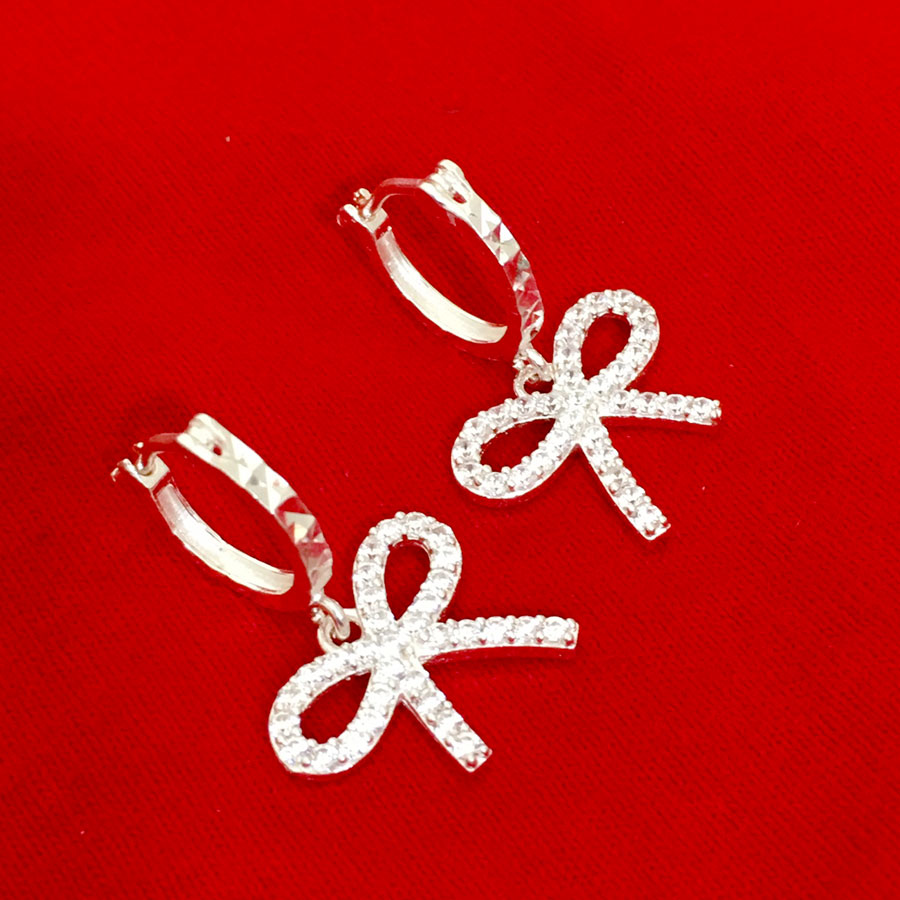 Bông tai nữ hình lơ bạc ta dáng dài gắn đá cobic trắng cao cấp trang sức Bạc Quang Thản - QTBT107