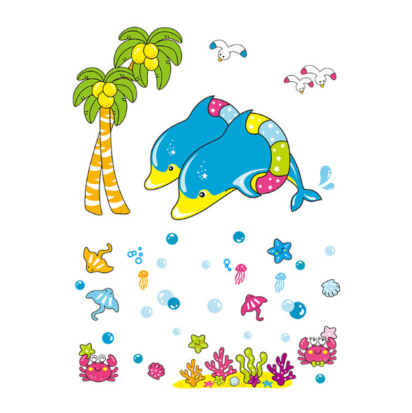 Decal trang trí tường - 2 chú cá heo xanh