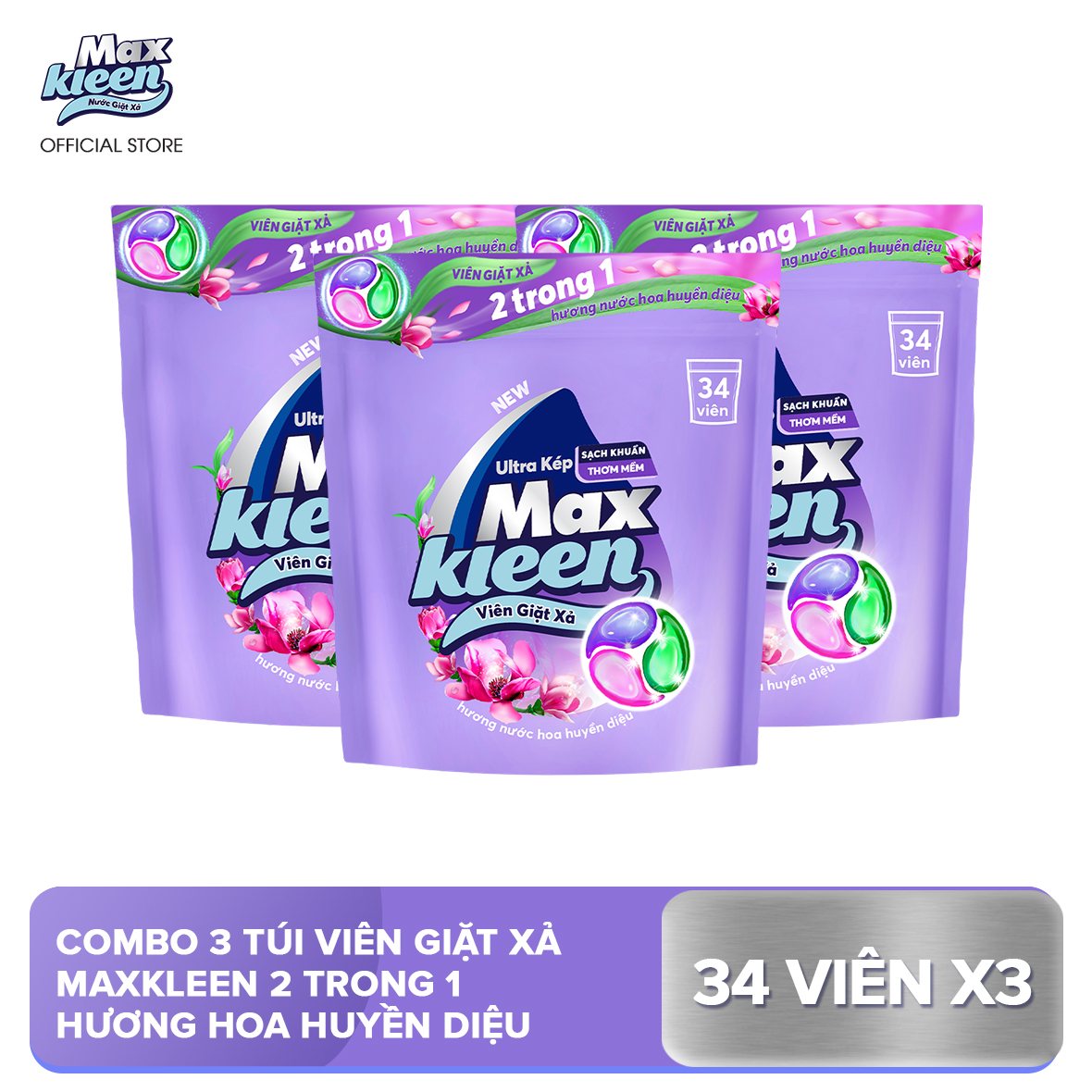 Combo 3 Túi Viên Giặt Xả MaxKleen Hương Huyền Diệu (34 viên/túi)