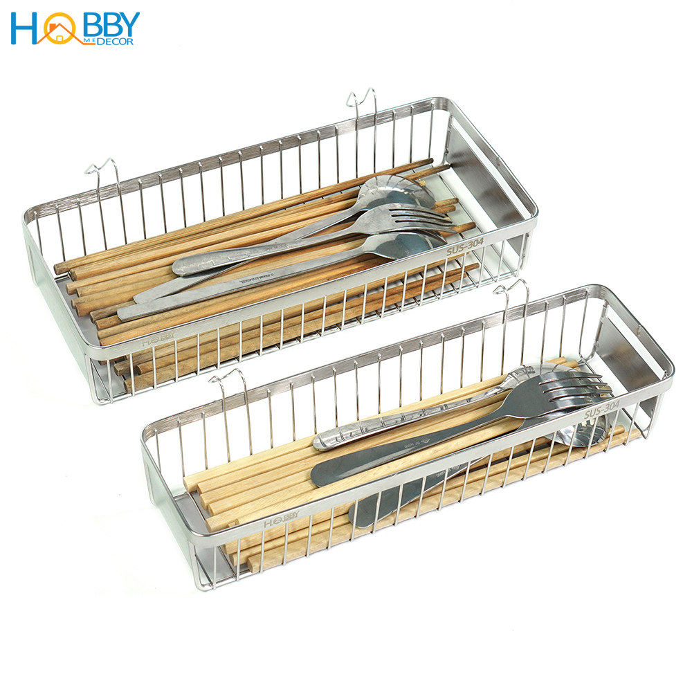 Khay đựng đũa muỗng cho ráo nước Hobby Home Decor KM3-4 chuẩn Inox 304 - có 2 móc treo - 2 size tùy chọn