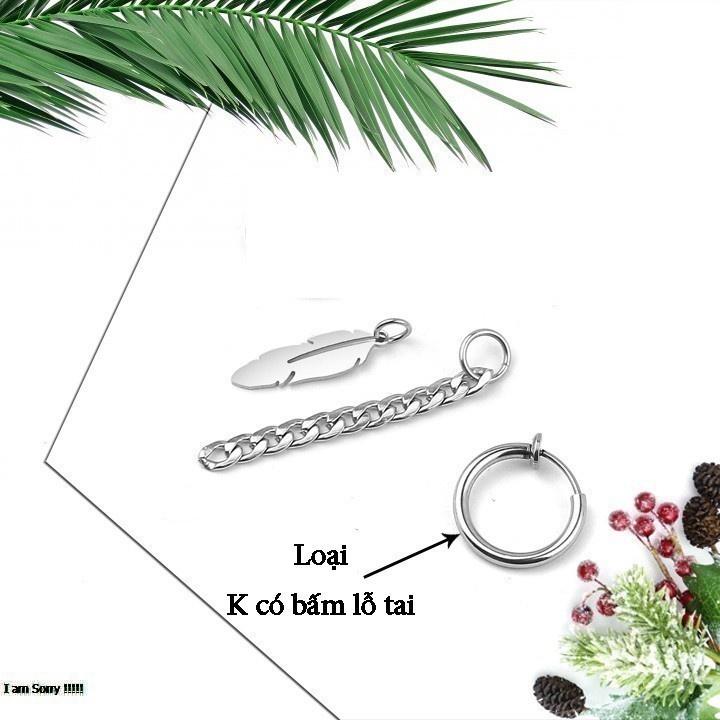 Bông tai nam inox cao cấp 1 chiếc Kpop thép không gỉ không bấm lổ tai lông vũ tòn ten
