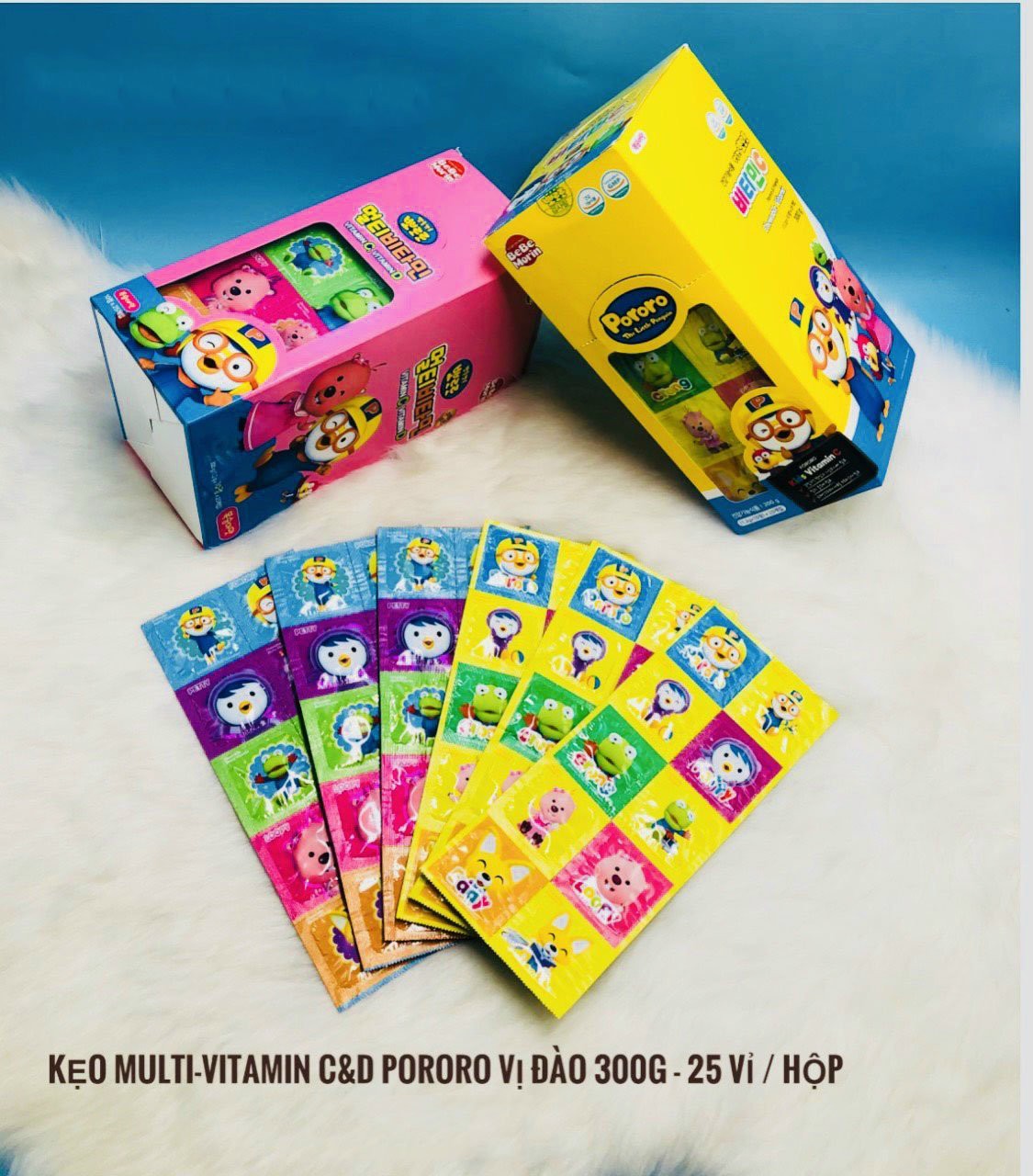 Kẹo bổ sung vitamin C&amp;D Pororo hộp 300gr 25 vỉ hương đào thơm ngon